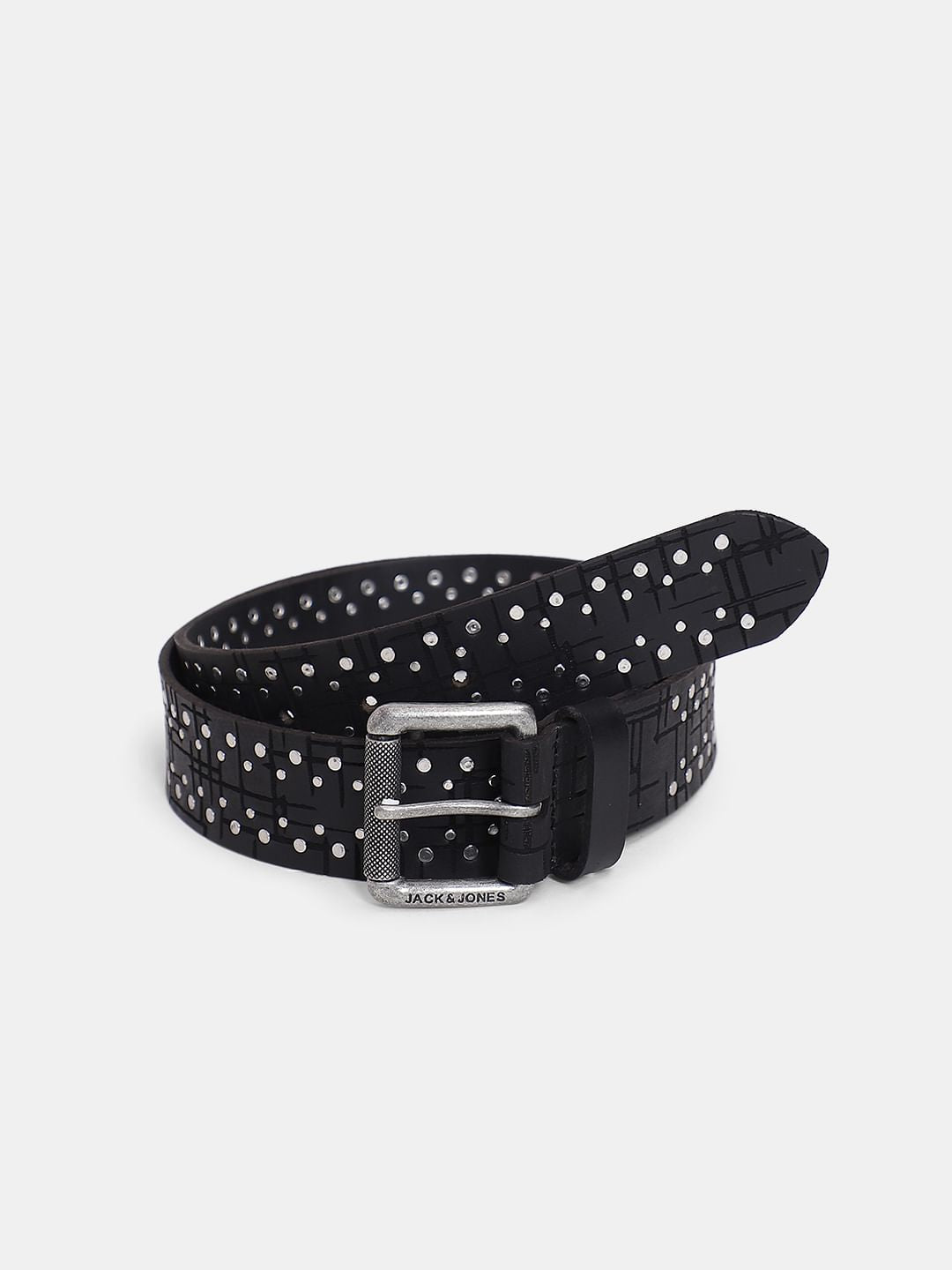Black Stud Detail Leather Belt - 32