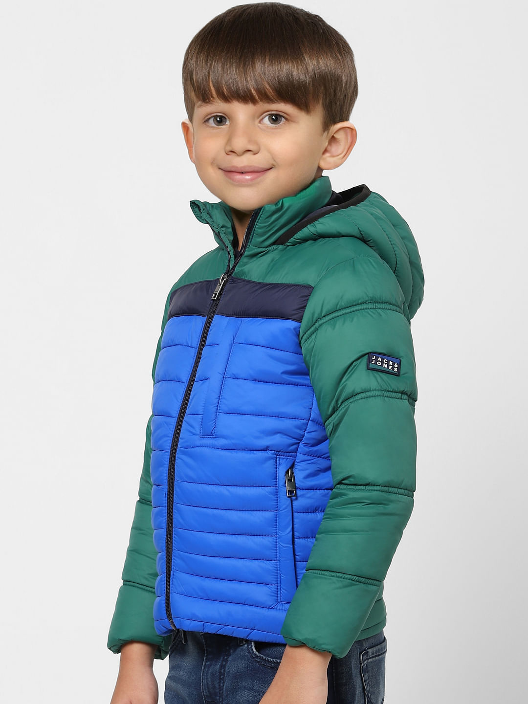 Boys Blue Colourblocked Puffer Jacket