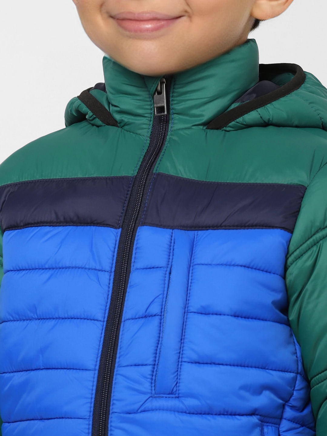 Boys Blue Colourblocked Puffer Jacket