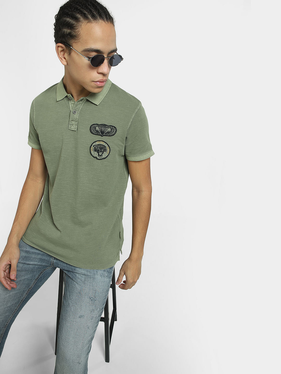 Green Embordered Patch Polo T-shirt - S