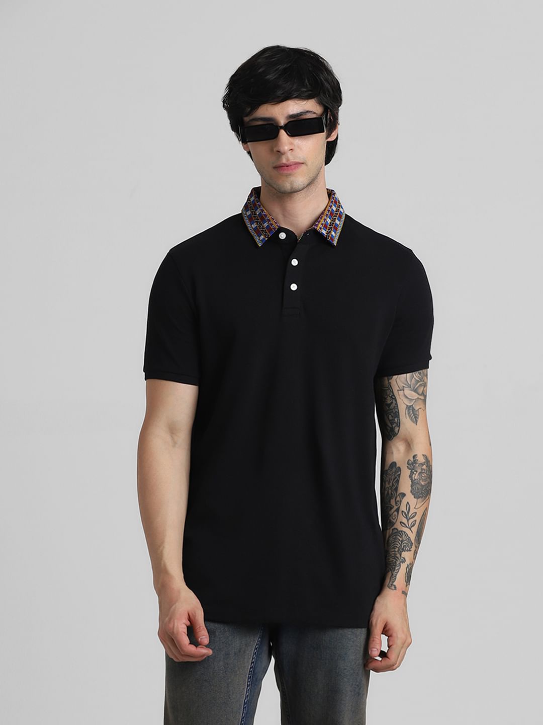 JACK&JONES X KUTCH BLACK PATCHWORK COLLAR POLO T-SHIRT - S