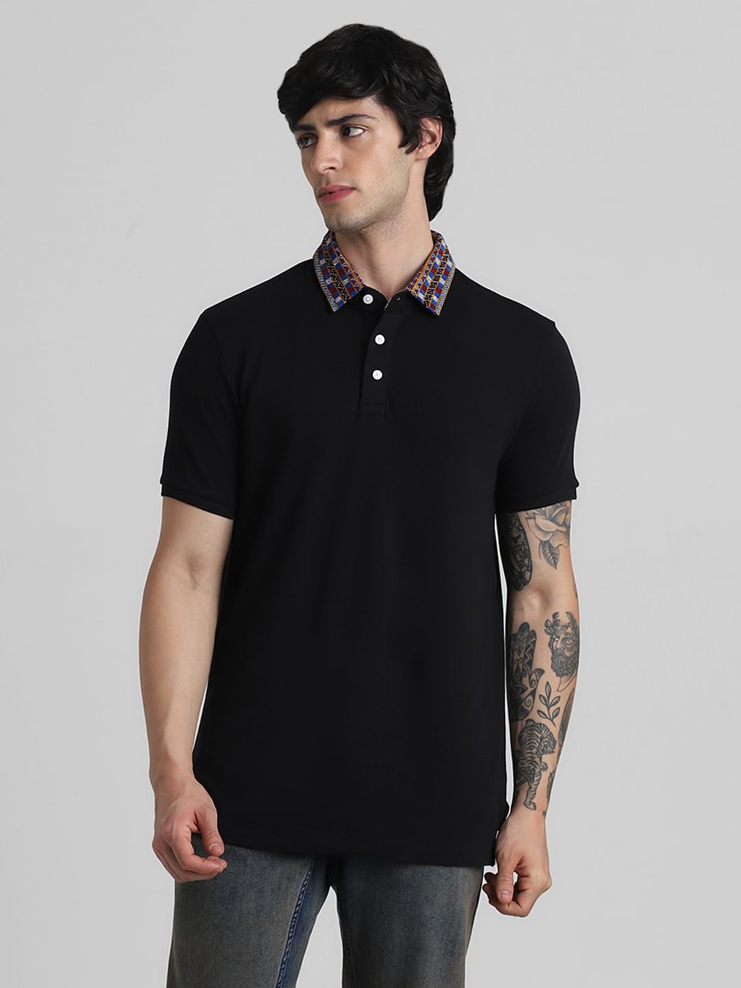 JACK&JONES X KUTCH BLACK PATCHWORK COLLAR POLO T-SHIRT