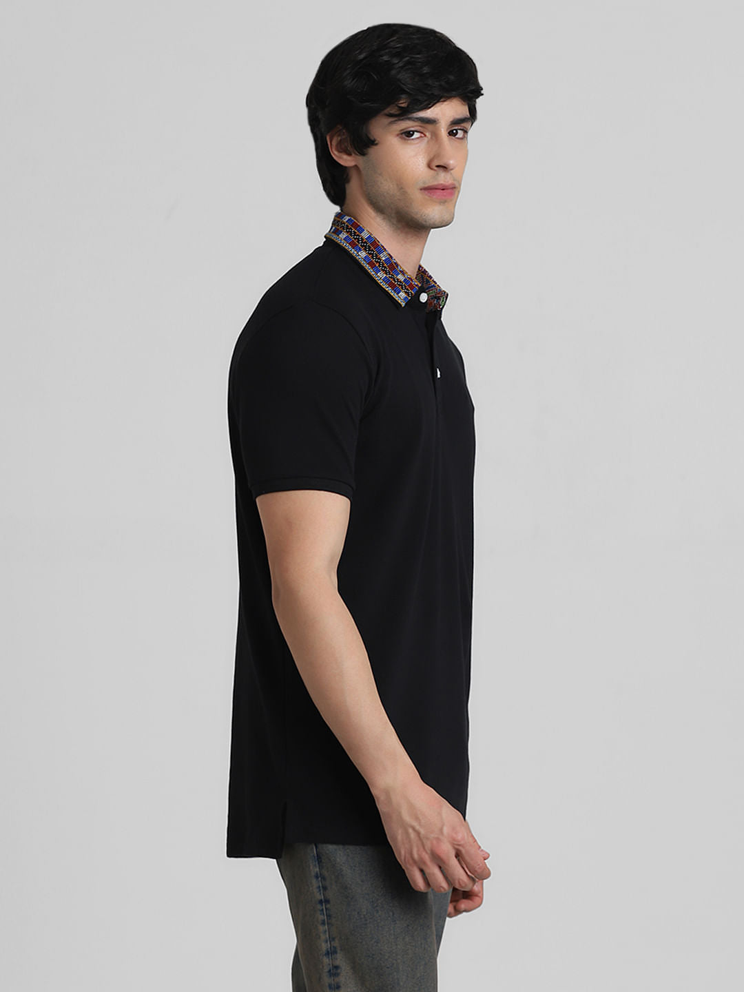 JACK&JONES X KUTCH BLACK PATCHWORK COLLAR POLO T-SHIRT