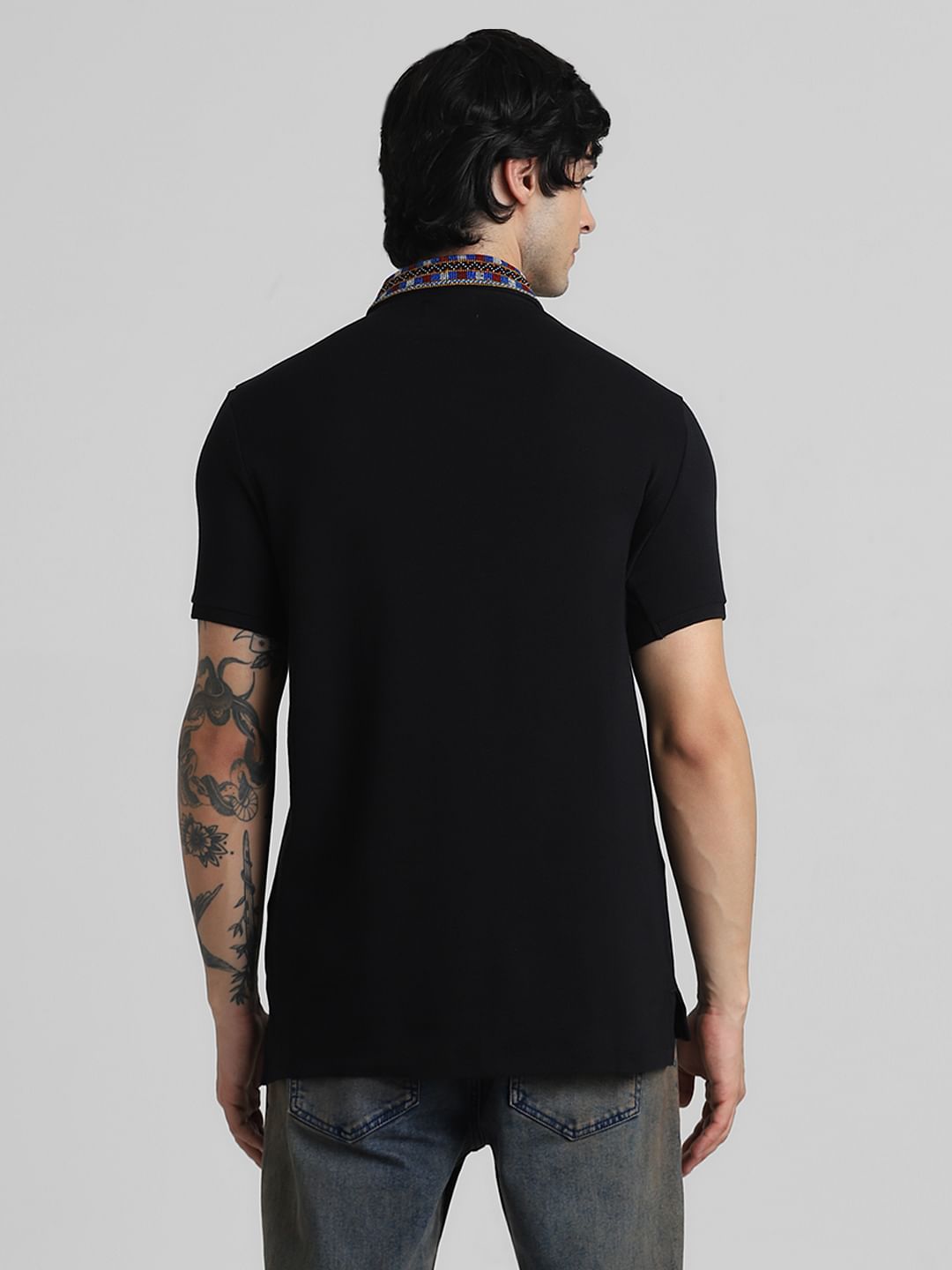 JACK&JONES X KUTCH BLACK PATCHWORK COLLAR POLO T-SHIRT