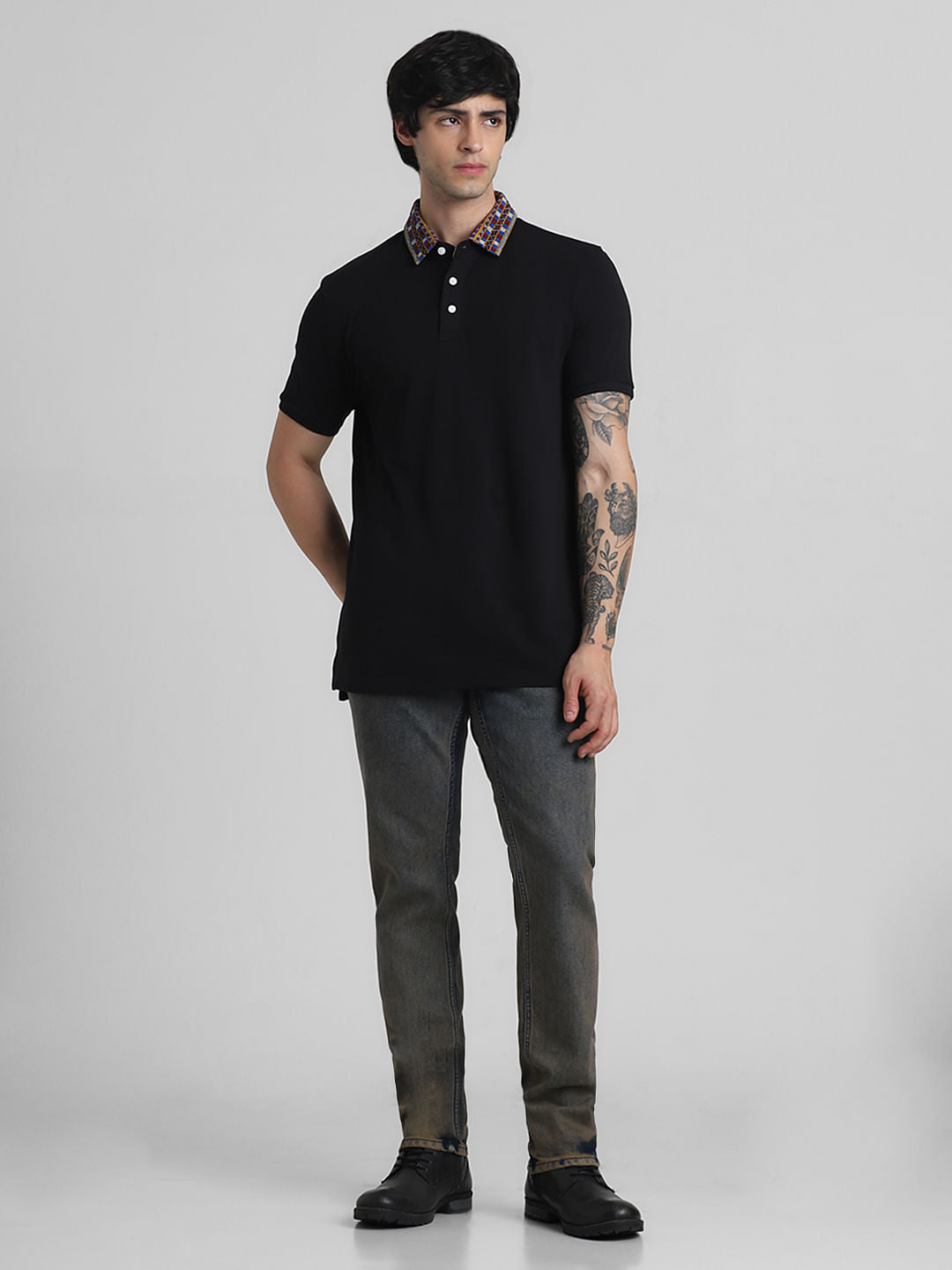 JACK&JONES X KUTCH BLACK PATCHWORK COLLAR POLO T-SHIRT