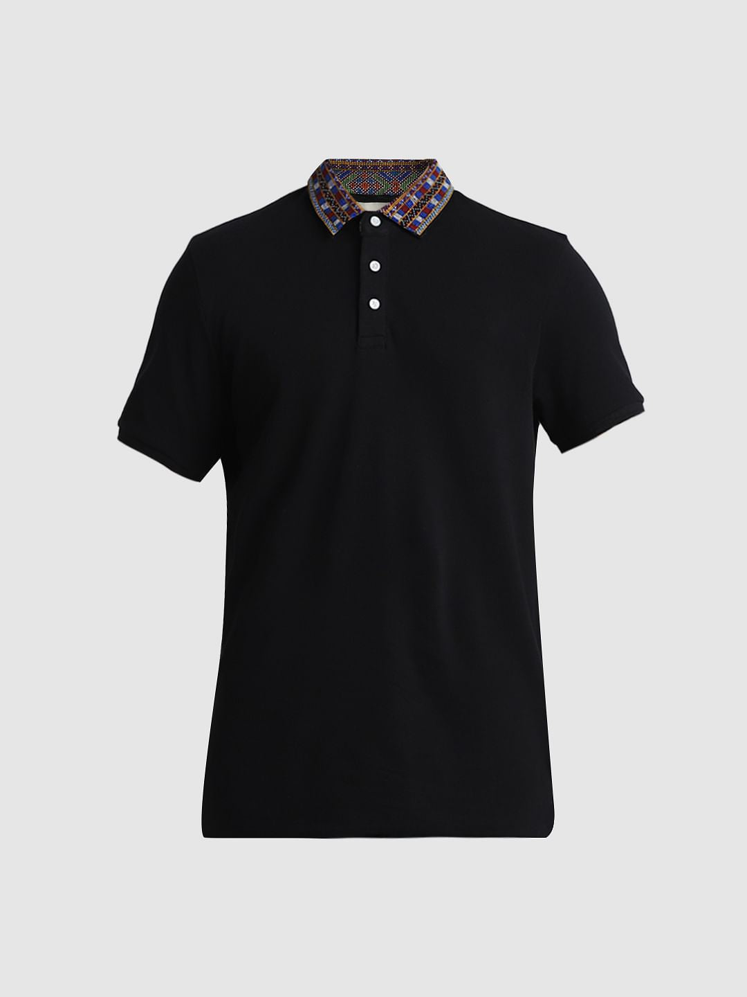 JACK&JONES X KUTCH BLACK PATCHWORK COLLAR POLO T-SHIRT