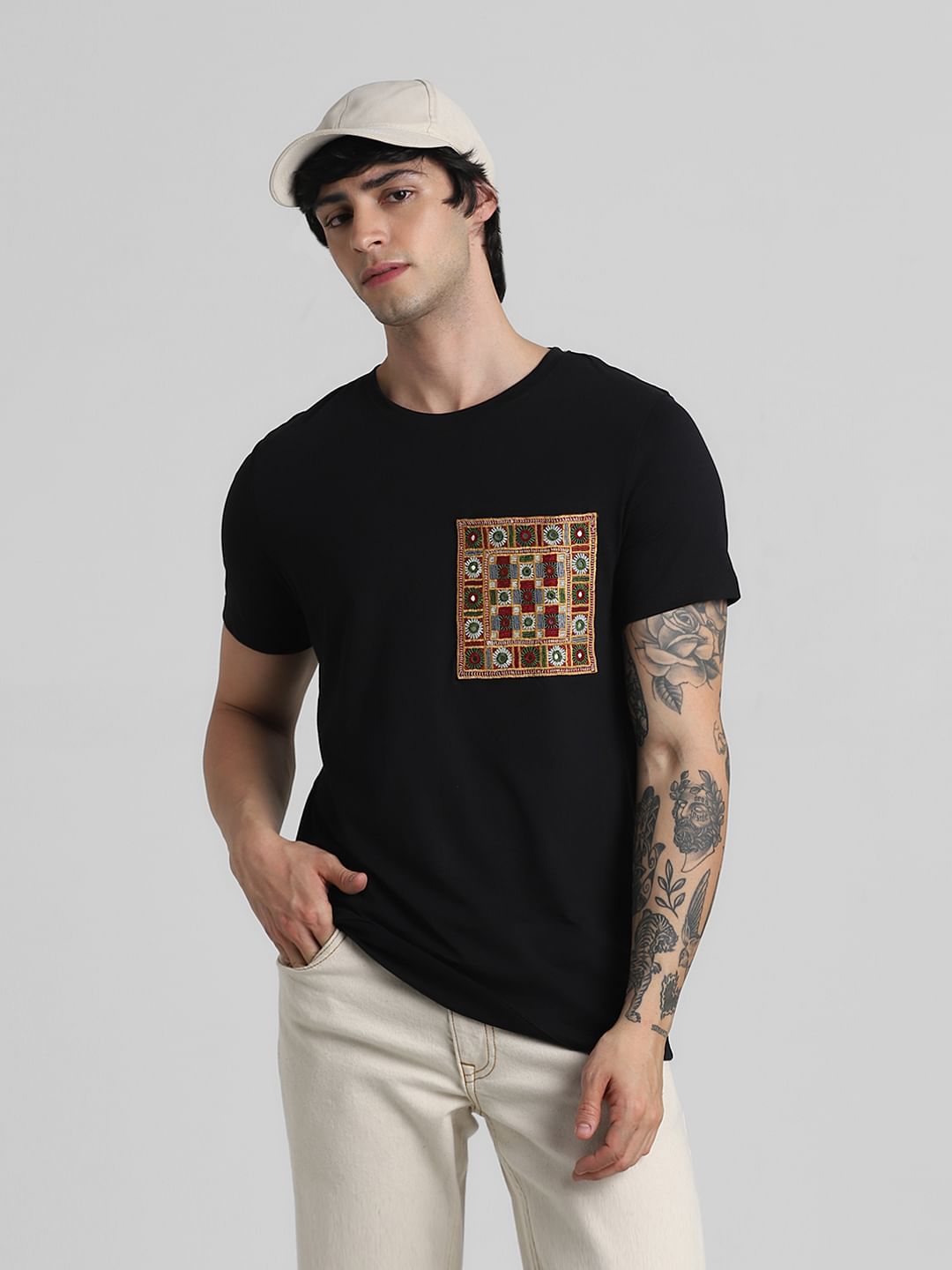 JACK&JONES X KUTCH BLACK PATCHWORK DETAIL T-SHIRT - S