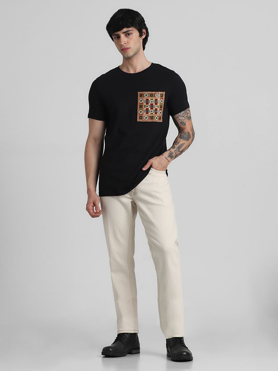 JACK&JONES X KUTCH BLACK PATCHWORK DETAIL T-SHIRT