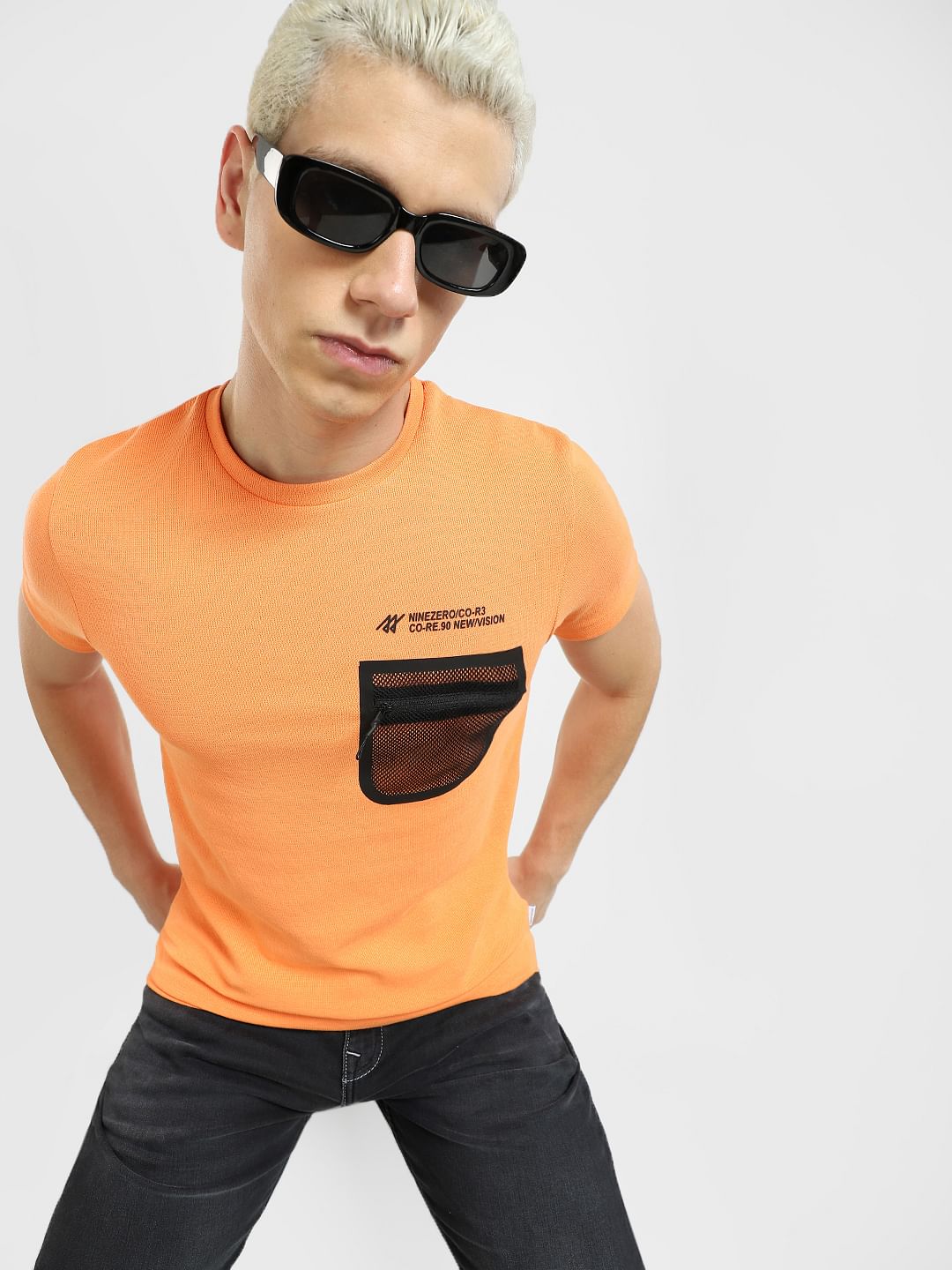 Orange Zip Pocket Crew Neck T-shirt