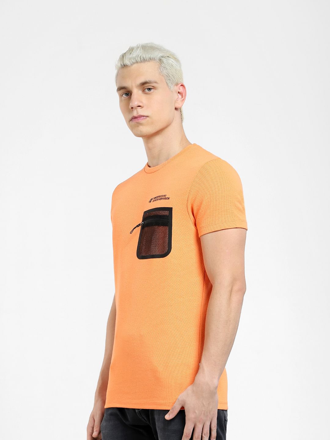 Orange Zip Pocket Crew Neck T-shirt