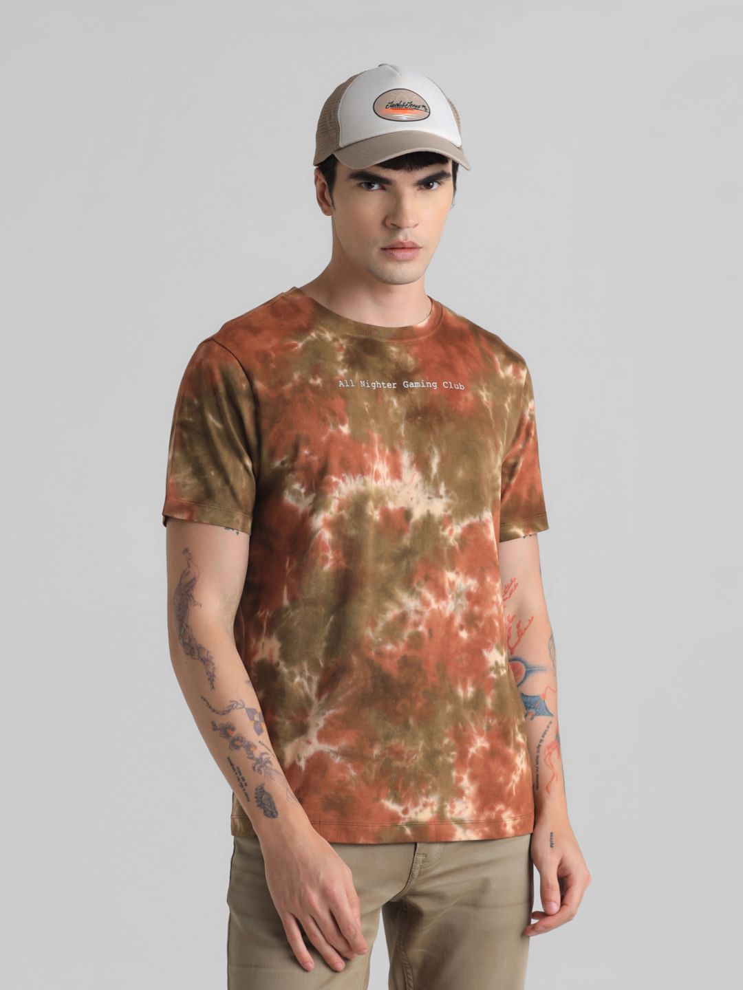 Brown Tie-Dye Crew Neck T-shirt - S