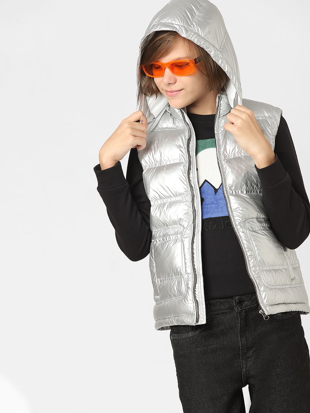 Boys Silver Hooded Puffer Jacket - 4/5Y