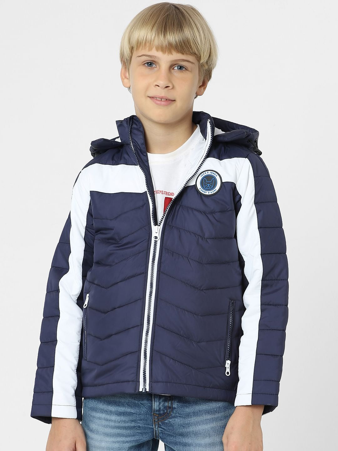 Boys Blue Colourblocked Puffer Jacket