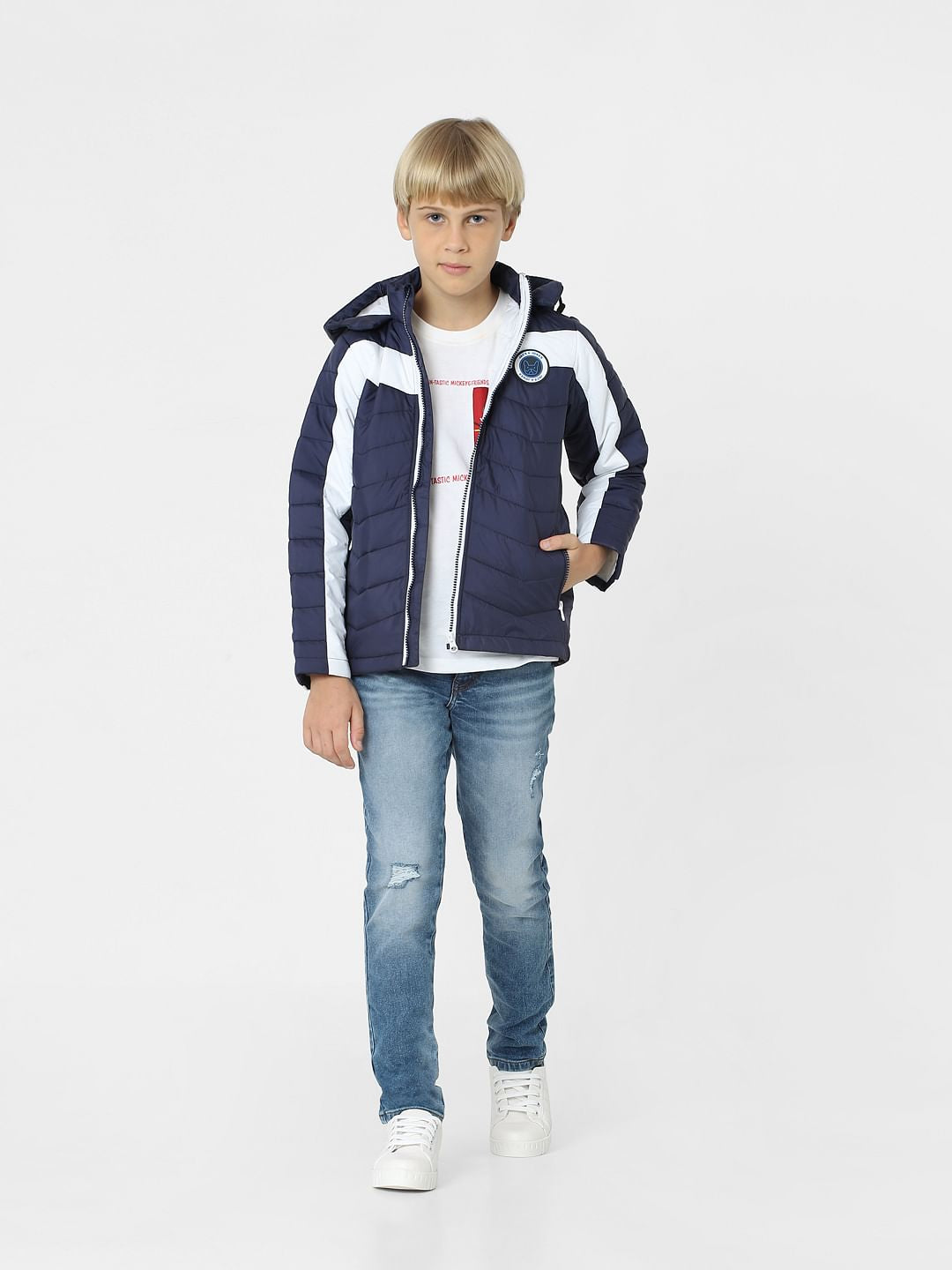 Boys Blue Colourblocked Puffer Jacket
