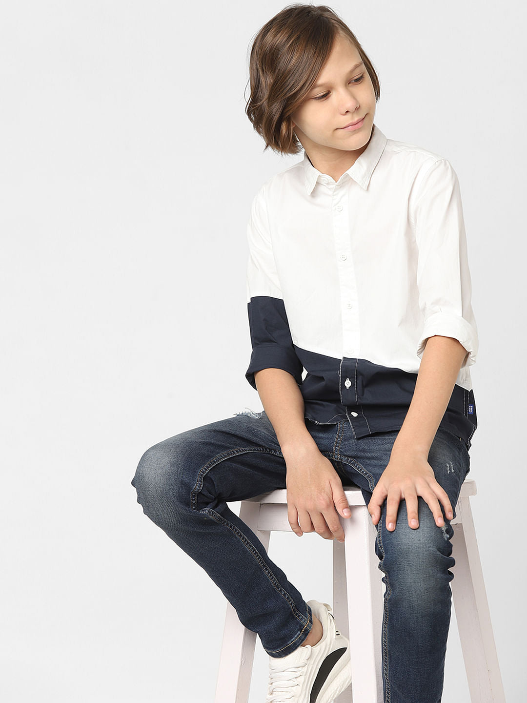 Boys White Colourblocked Full Sleeves Shirt - 4/5Y