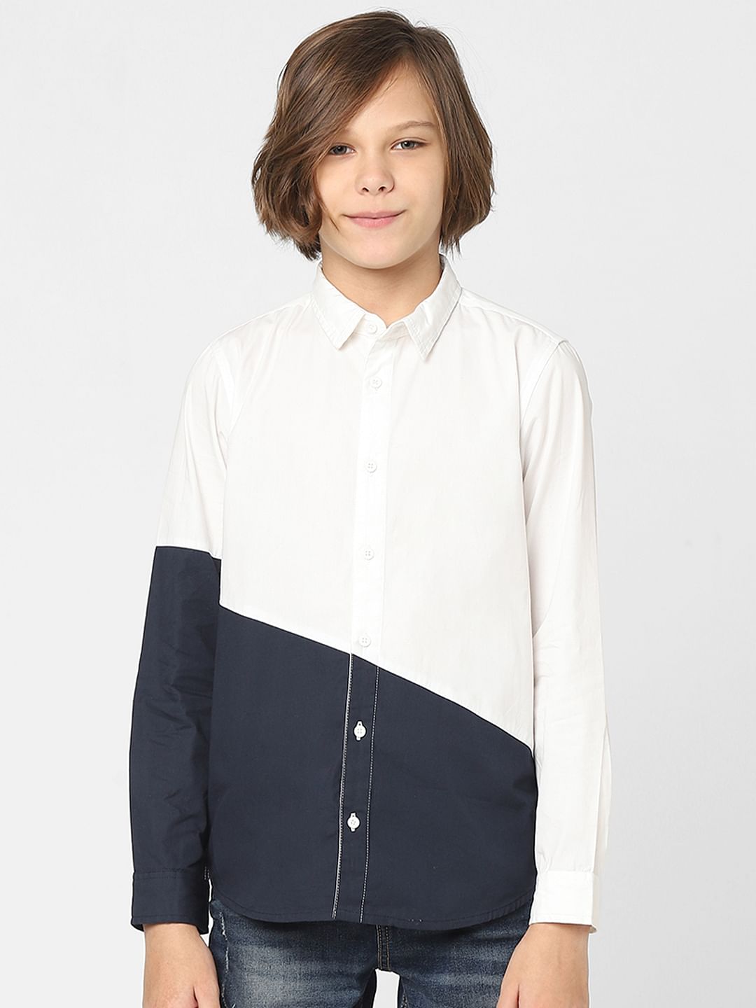 Boys White Colourblocked Full Sleeves Shirt
