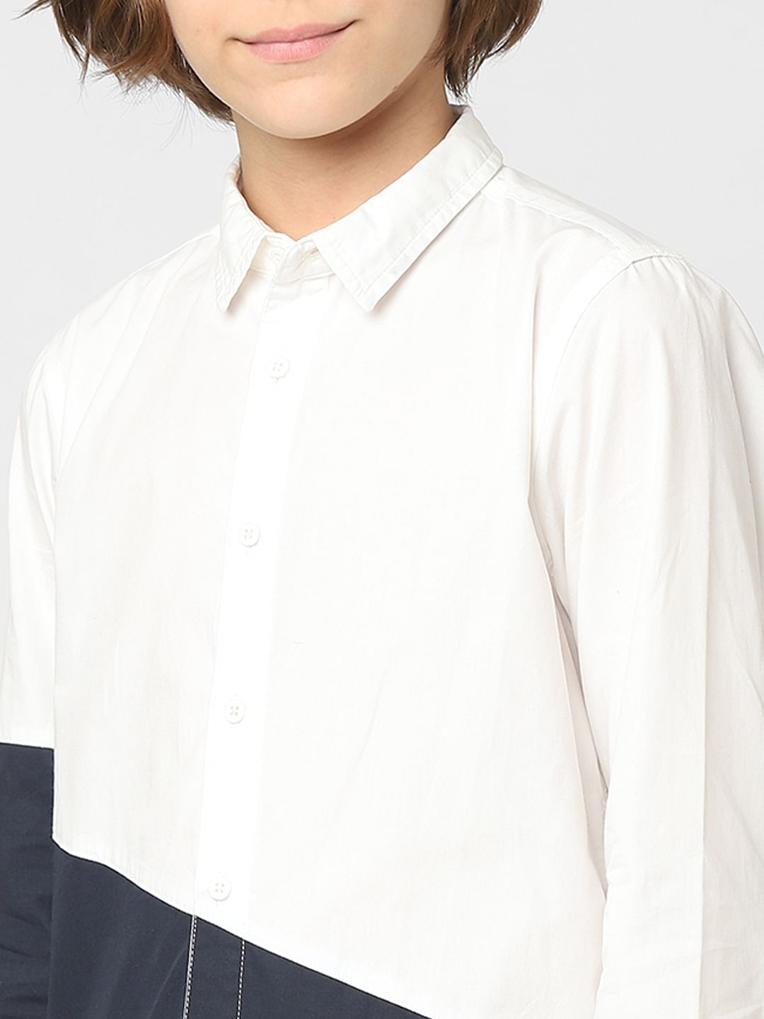 Boys White Colourblocked Full Sleeves Shirt
