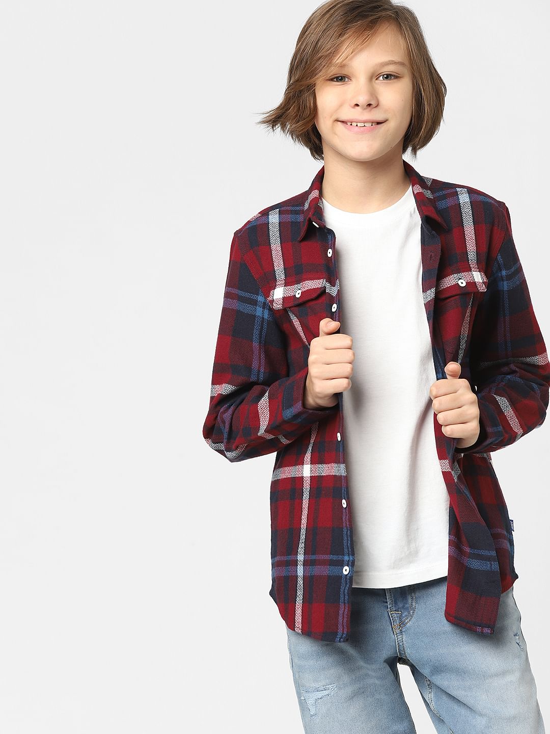 Boys Red Check Full Sleeves Shirt - 4/5Y