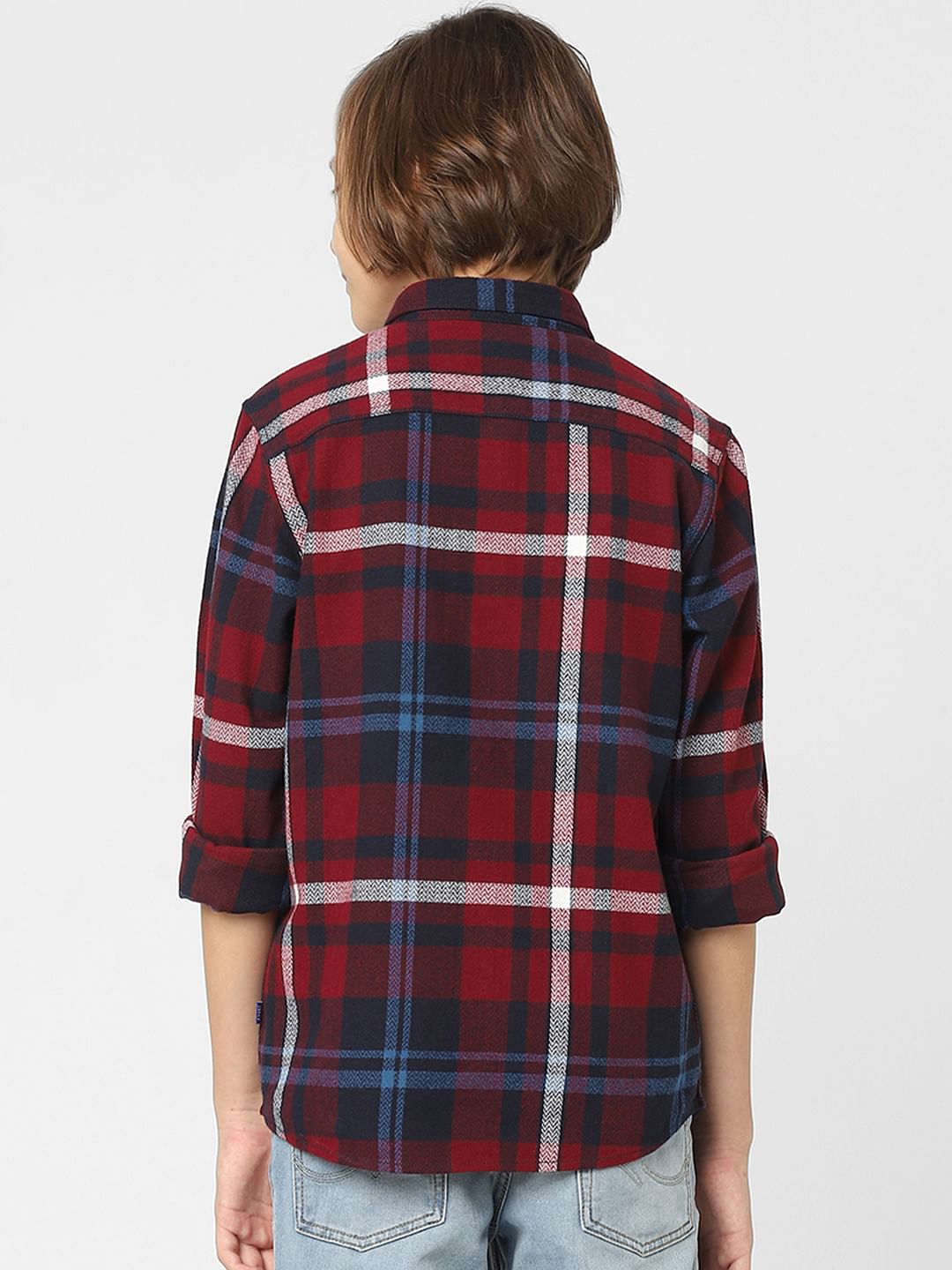 Boys Red Check Full Sleeves Shirt