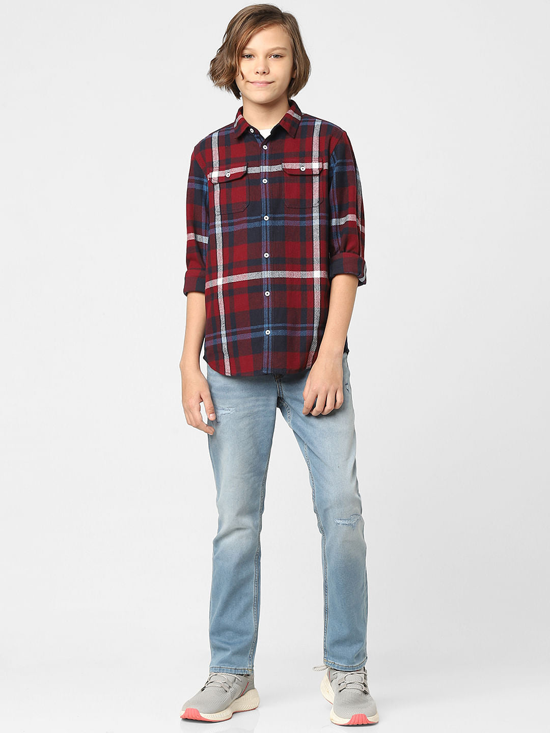 Boys Red Check Full Sleeves Shirt