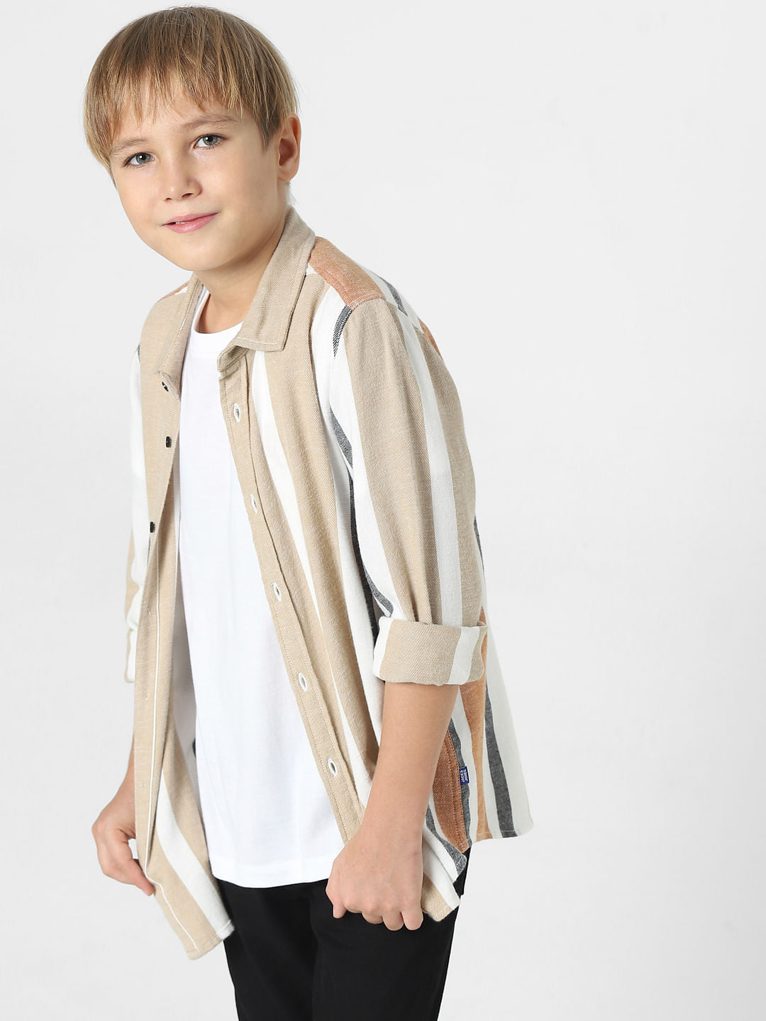 Boys Beige Striped Full Sleeves Shirt - 9/10Y