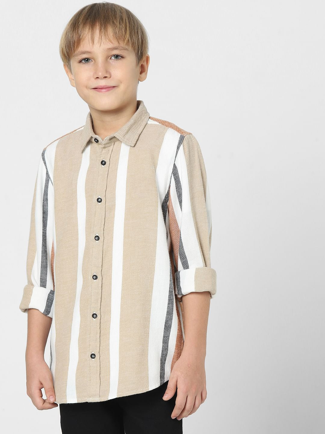 Boys Beige Striped Full Sleeves Shirt