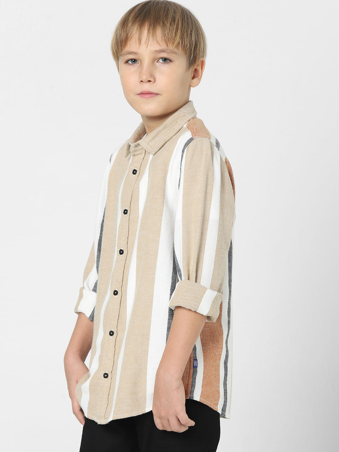 Boys Beige Striped Full Sleeves Shirt