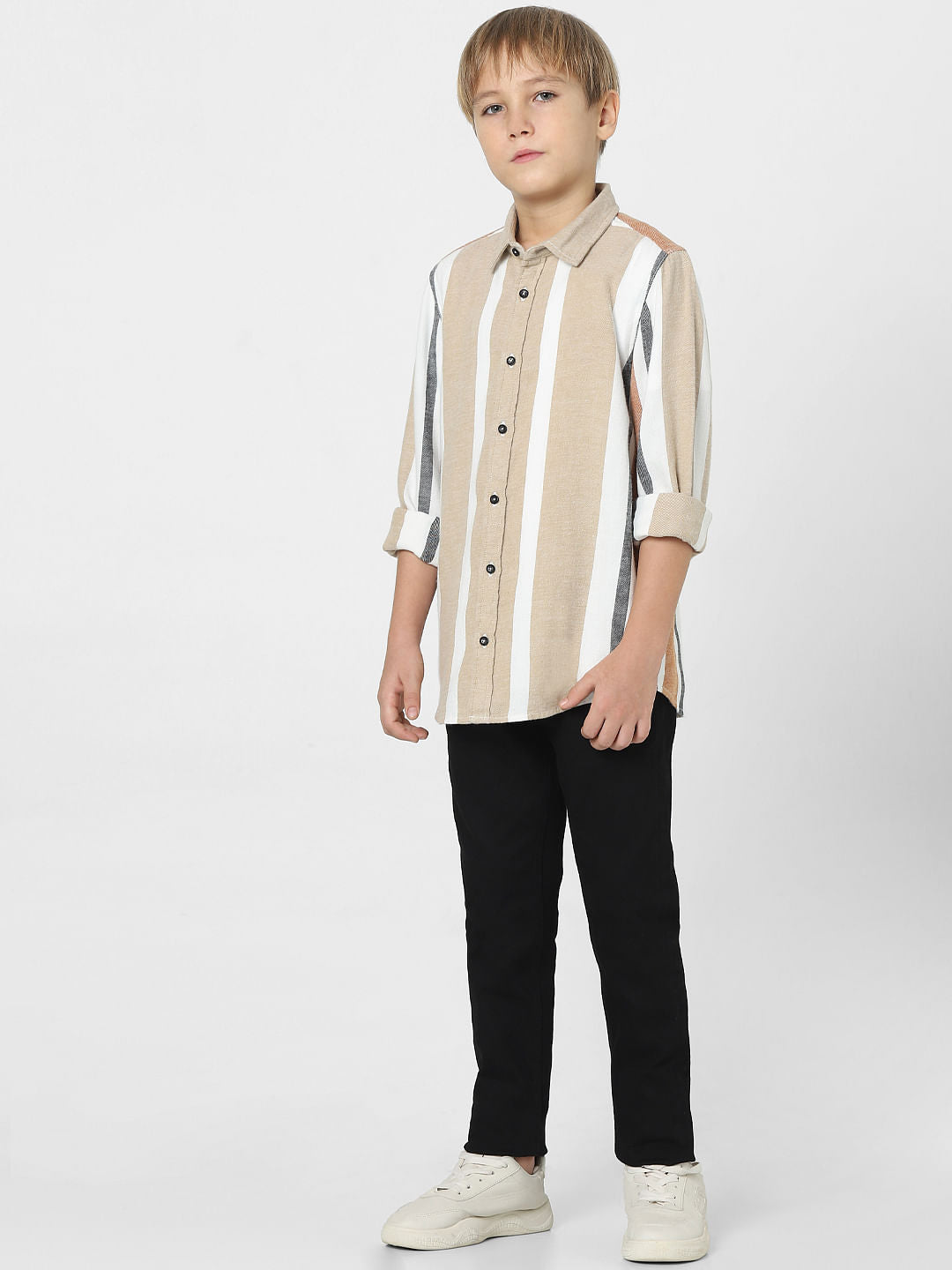 Boys Beige Striped Full Sleeves Shirt