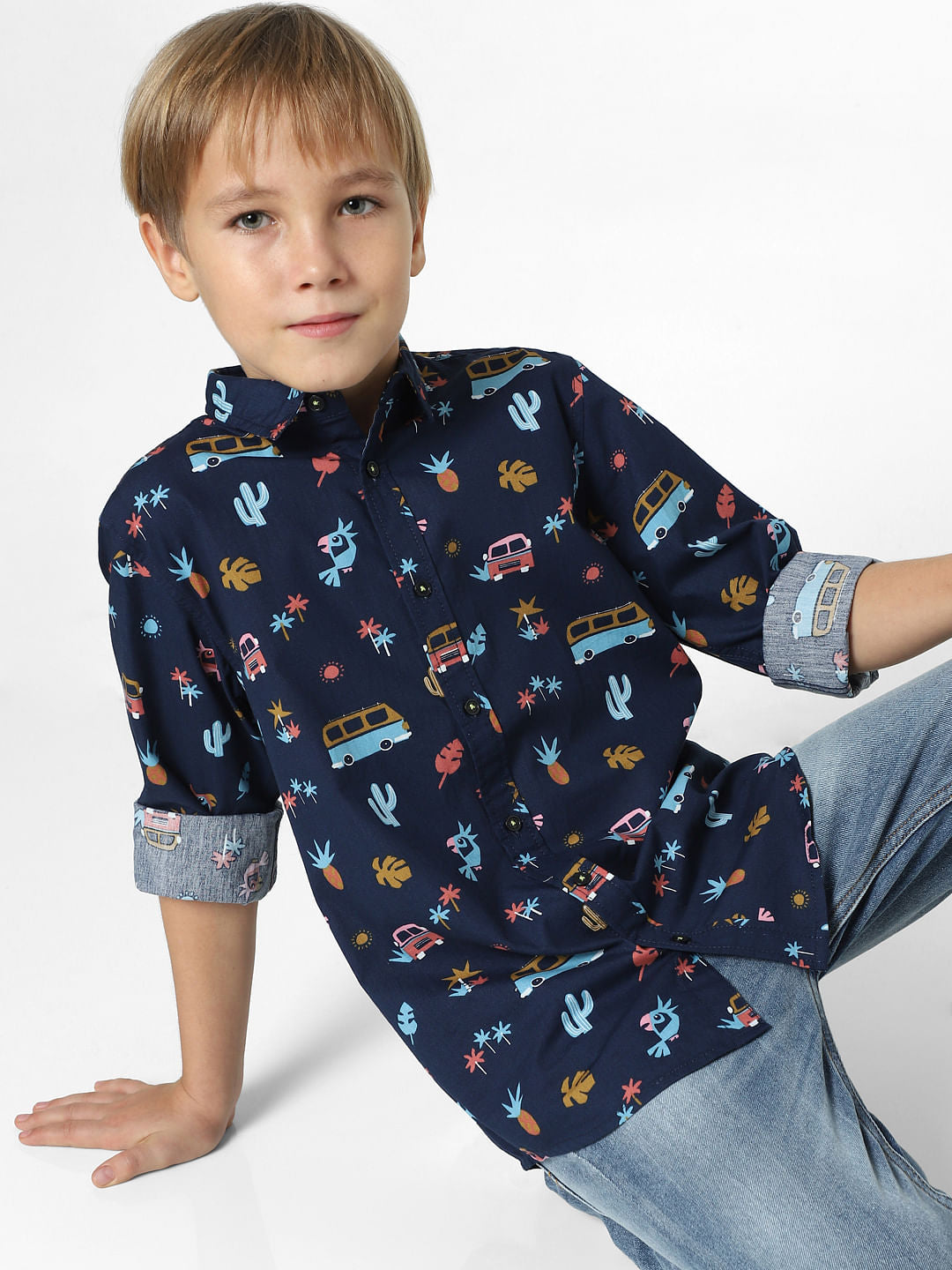 Boys Blue Printed Full Sleeves Shirt - 4/5Y