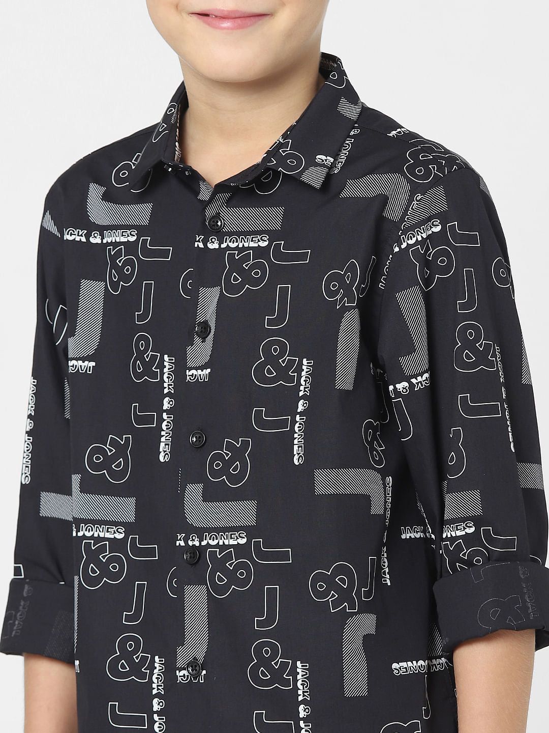 Boys Black Logo Print Full Sleeves Shirt