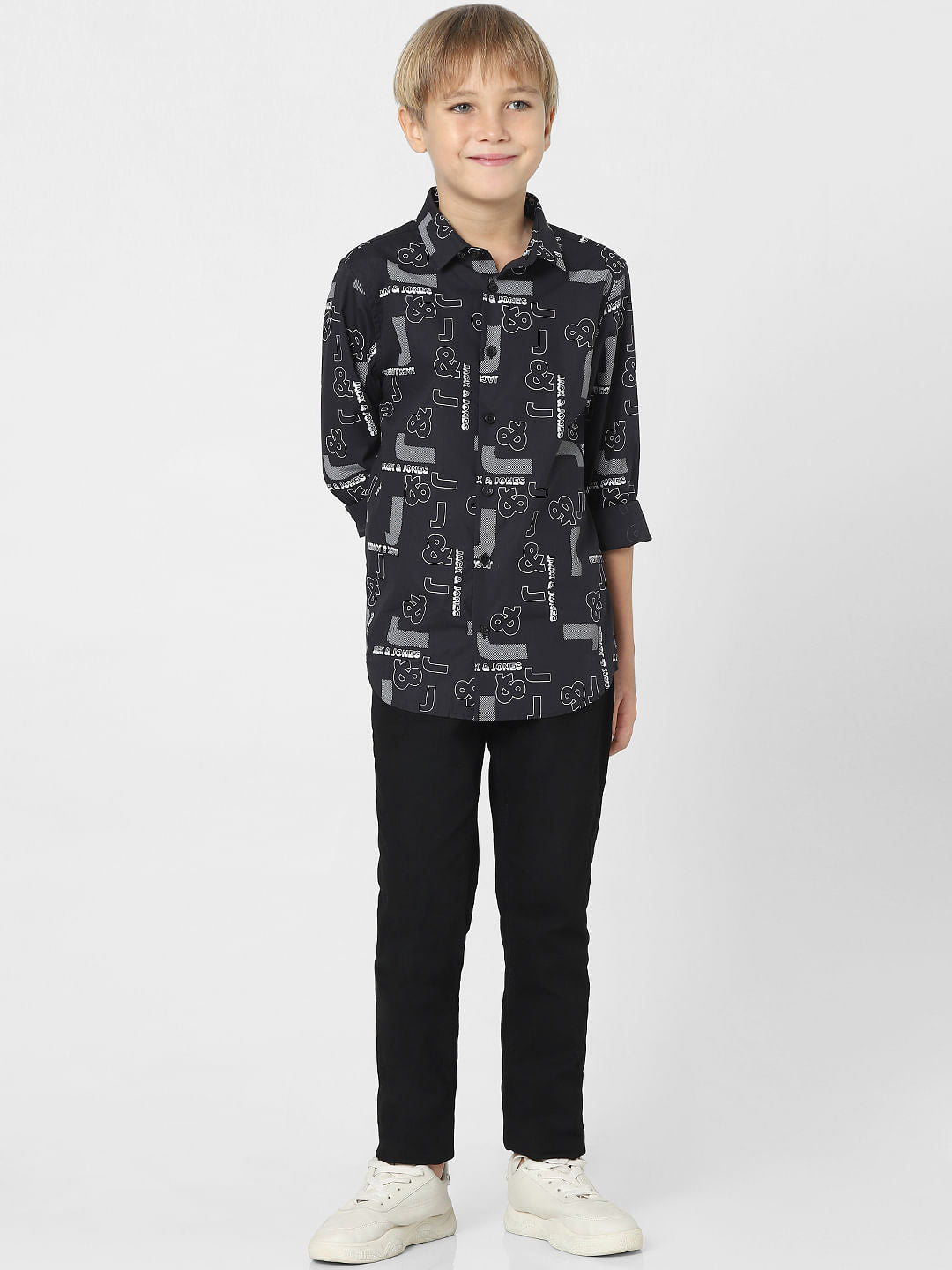 Boys Black Logo Print Full Sleeves Shirt