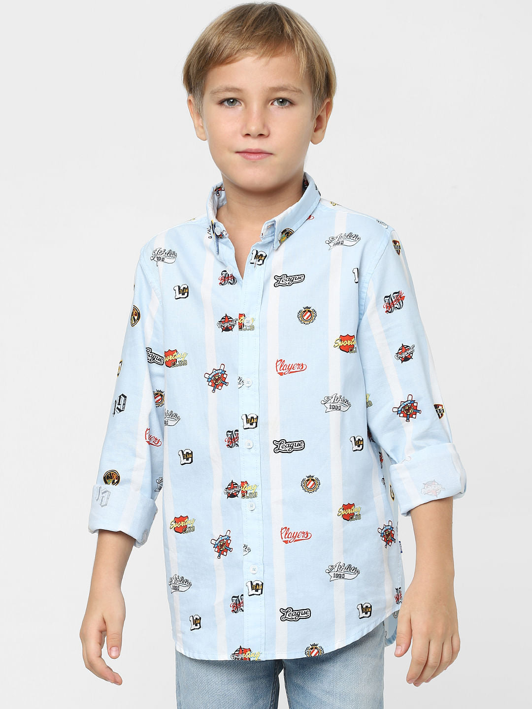 Boys Blue Badge Print Full Sleeves Shirt