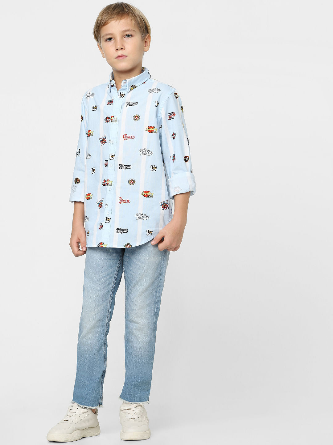 Boys Blue Badge Print Full Sleeves Shirt