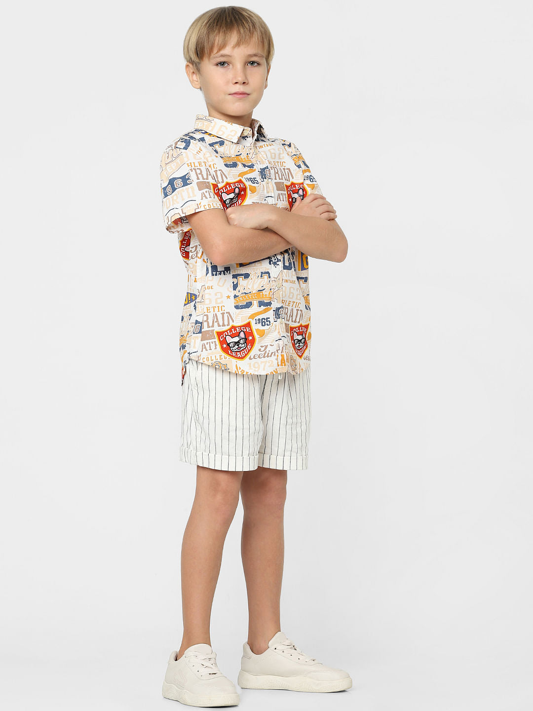 Boys White College League Print Shirt