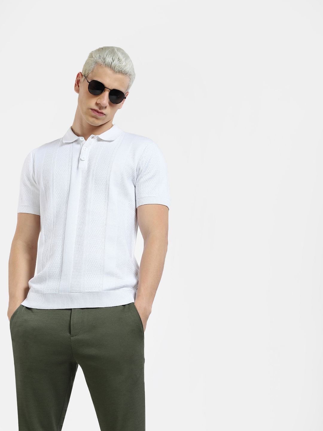 White Textured Polo Neck T-shirt - S