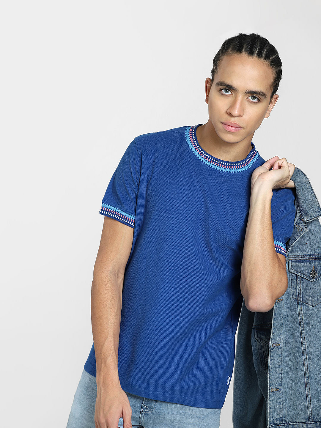 Blue Patchwork Detail T-shirt - S