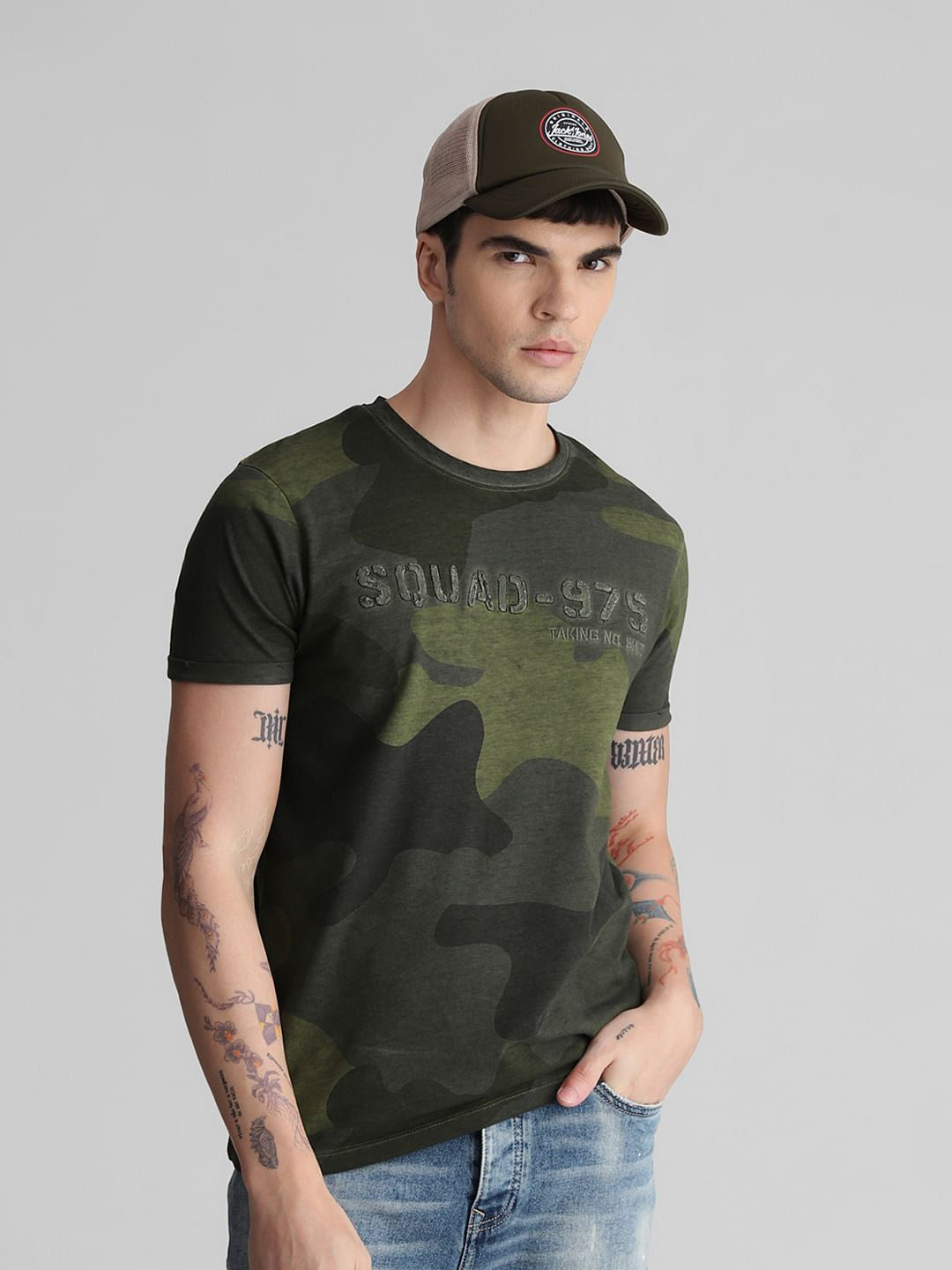 Green Camo Print Crew Neck T-shirt - S