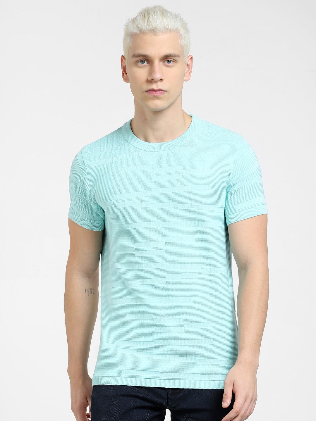 Blue Knit Crew Neck T-shirt