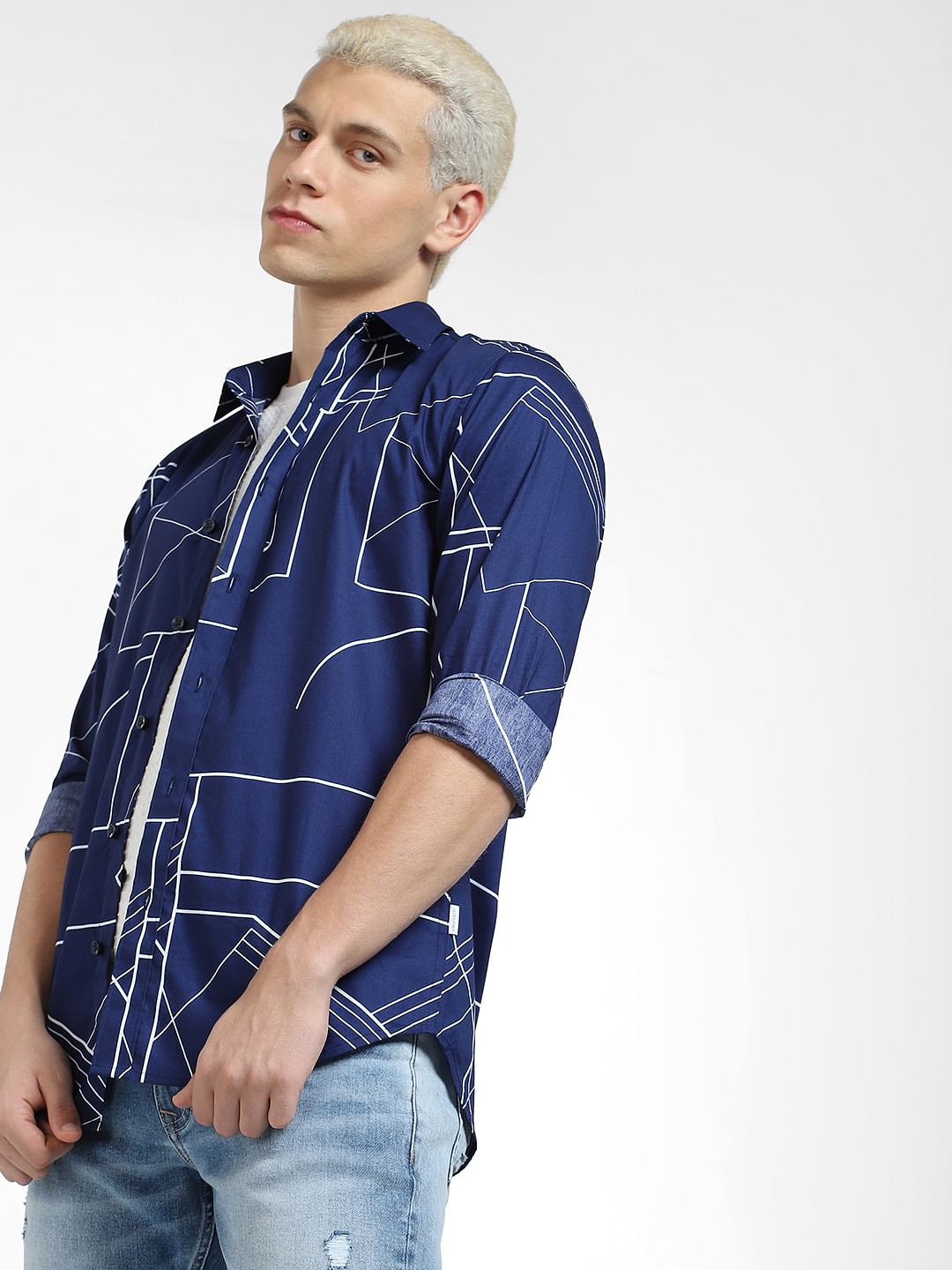 Blue Printed Full Sleeves Shirt - S