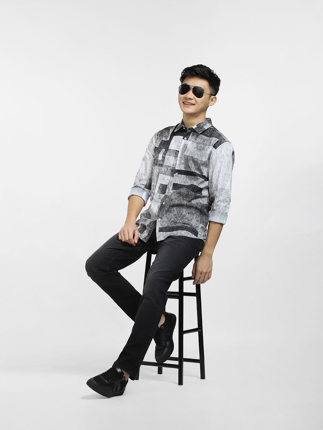 Black Printed Full Sleeves Shirt - S