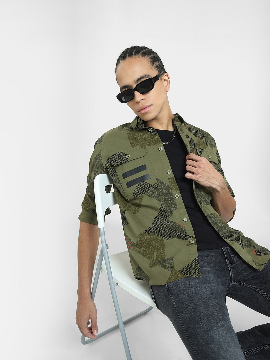 Green Printed Full Sleeves Shirt - S