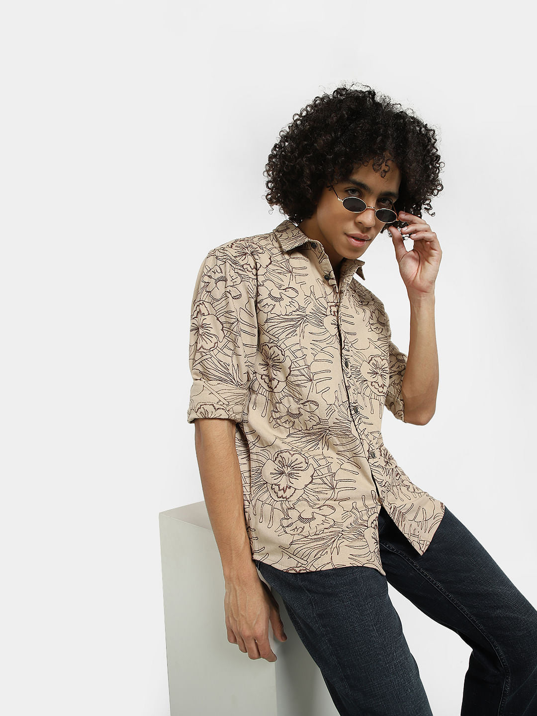 Brown Embroidered Full Sleeves Shirt - S