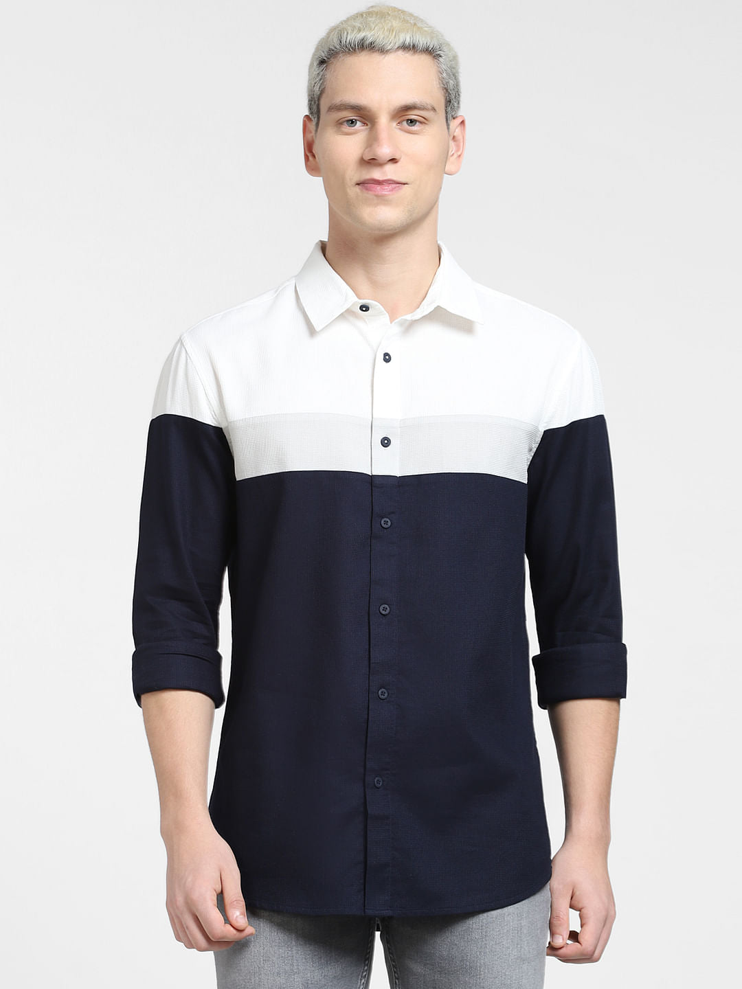 Blue Colourblocked Full Sleeves Shirt