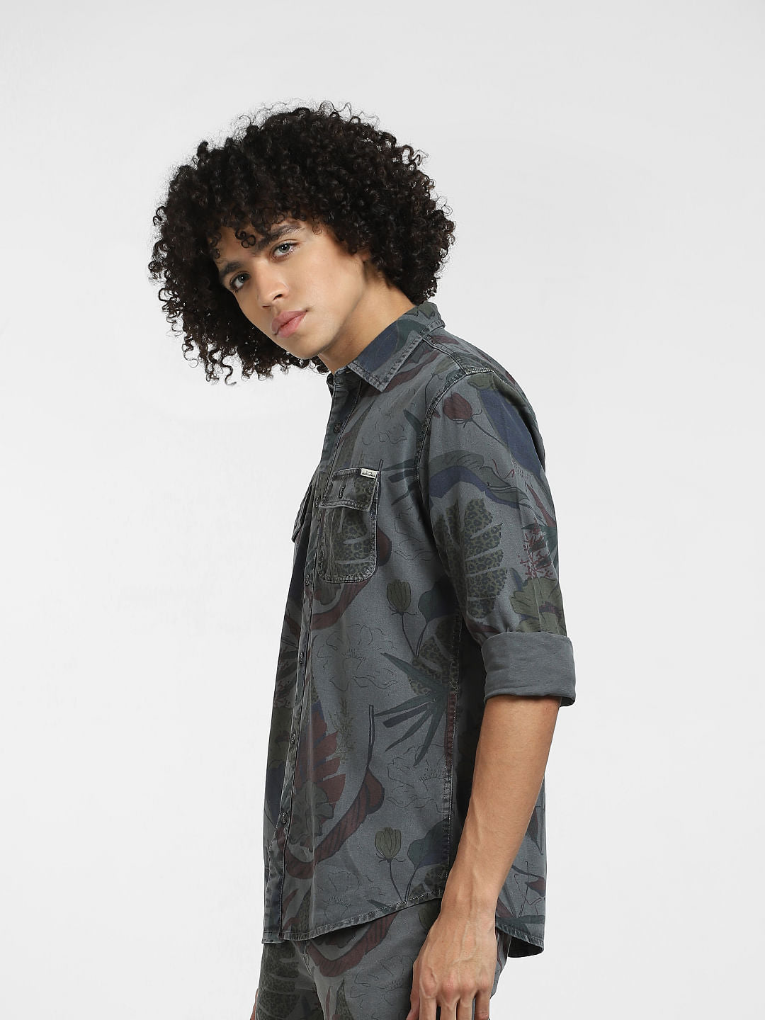 Grey Floral Co-ord Set Shirt