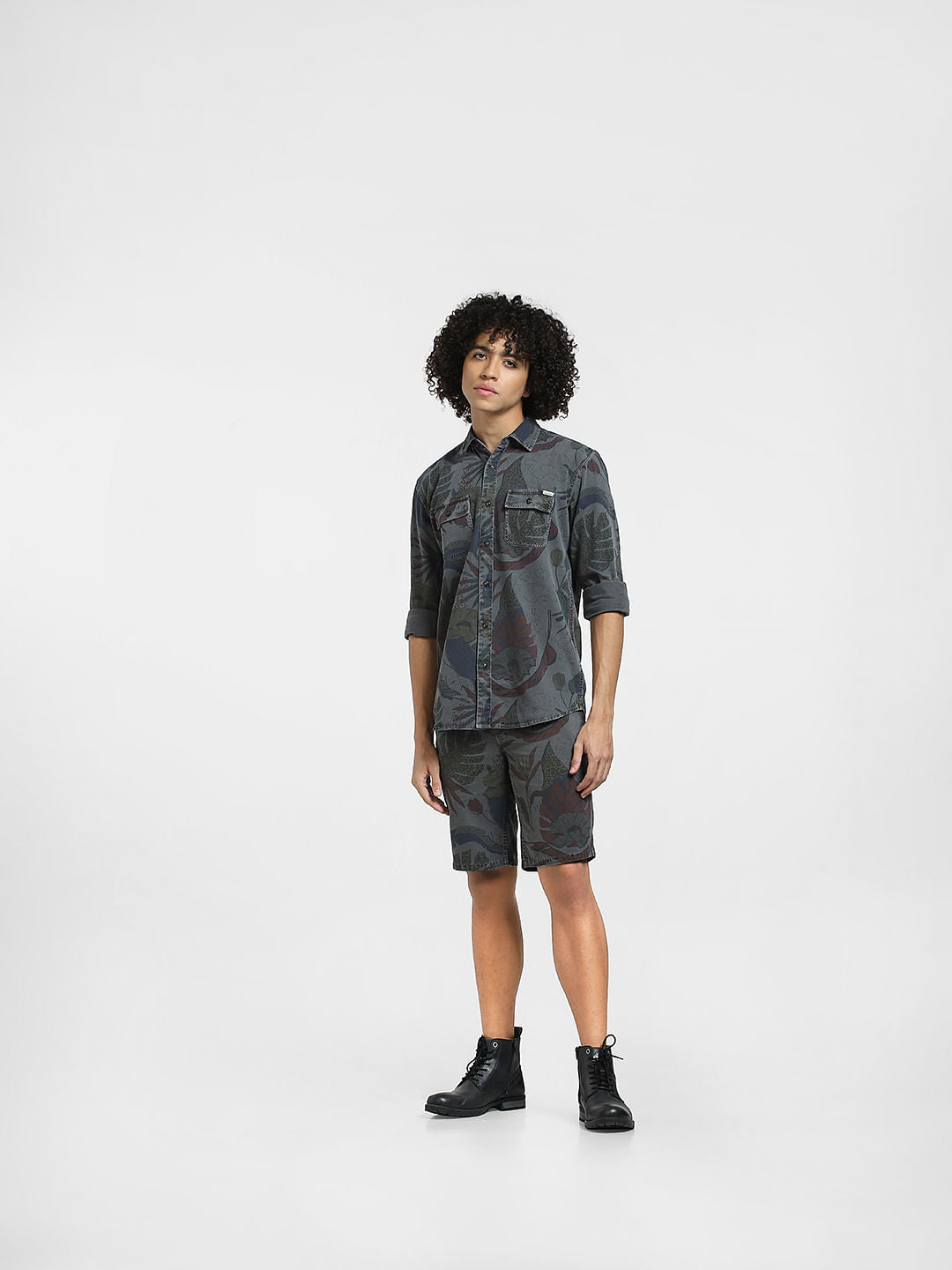 Grey Floral Co-ord Set Shirt