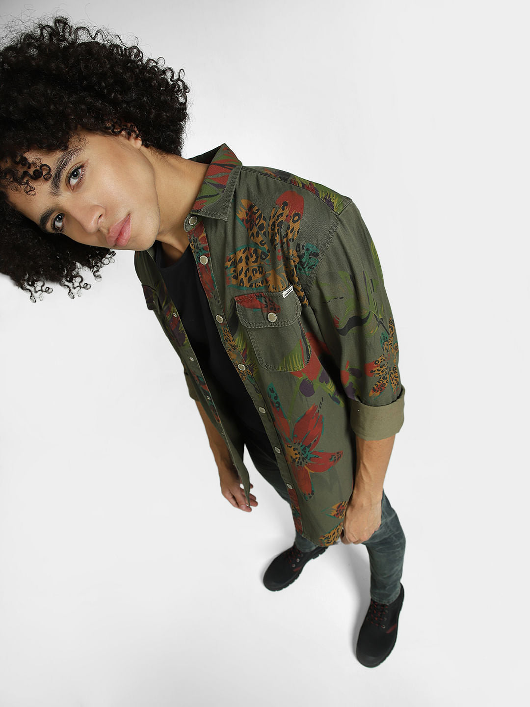 Green Floral Full Sleeves Shirt - S