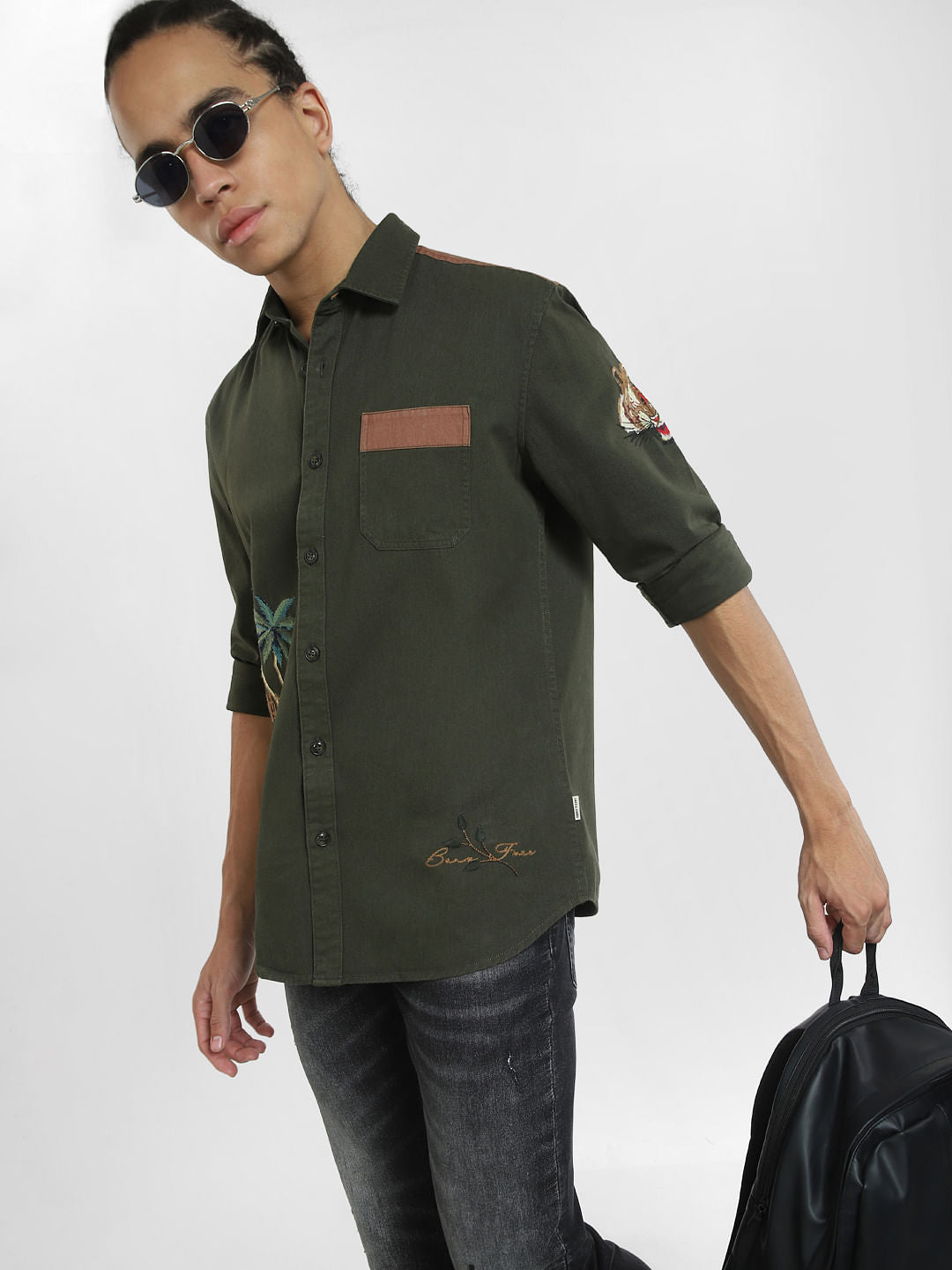 Deep Green Embroidered Full Sleeves Shirt - S