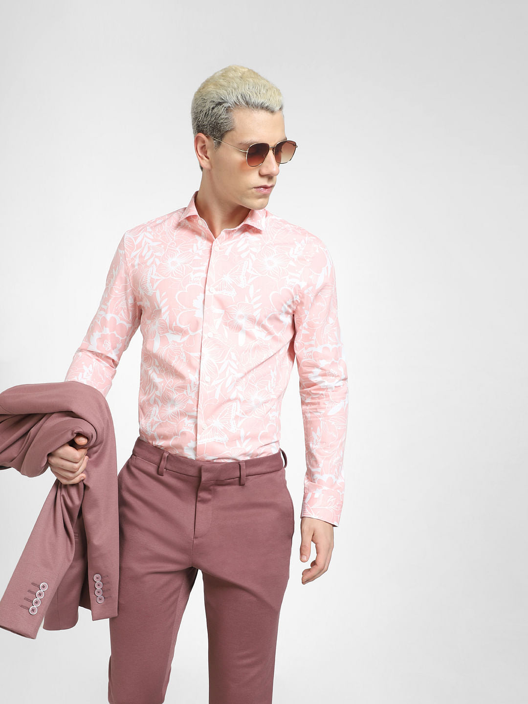 Peach Floral Print Full Sleeves Shirt - S