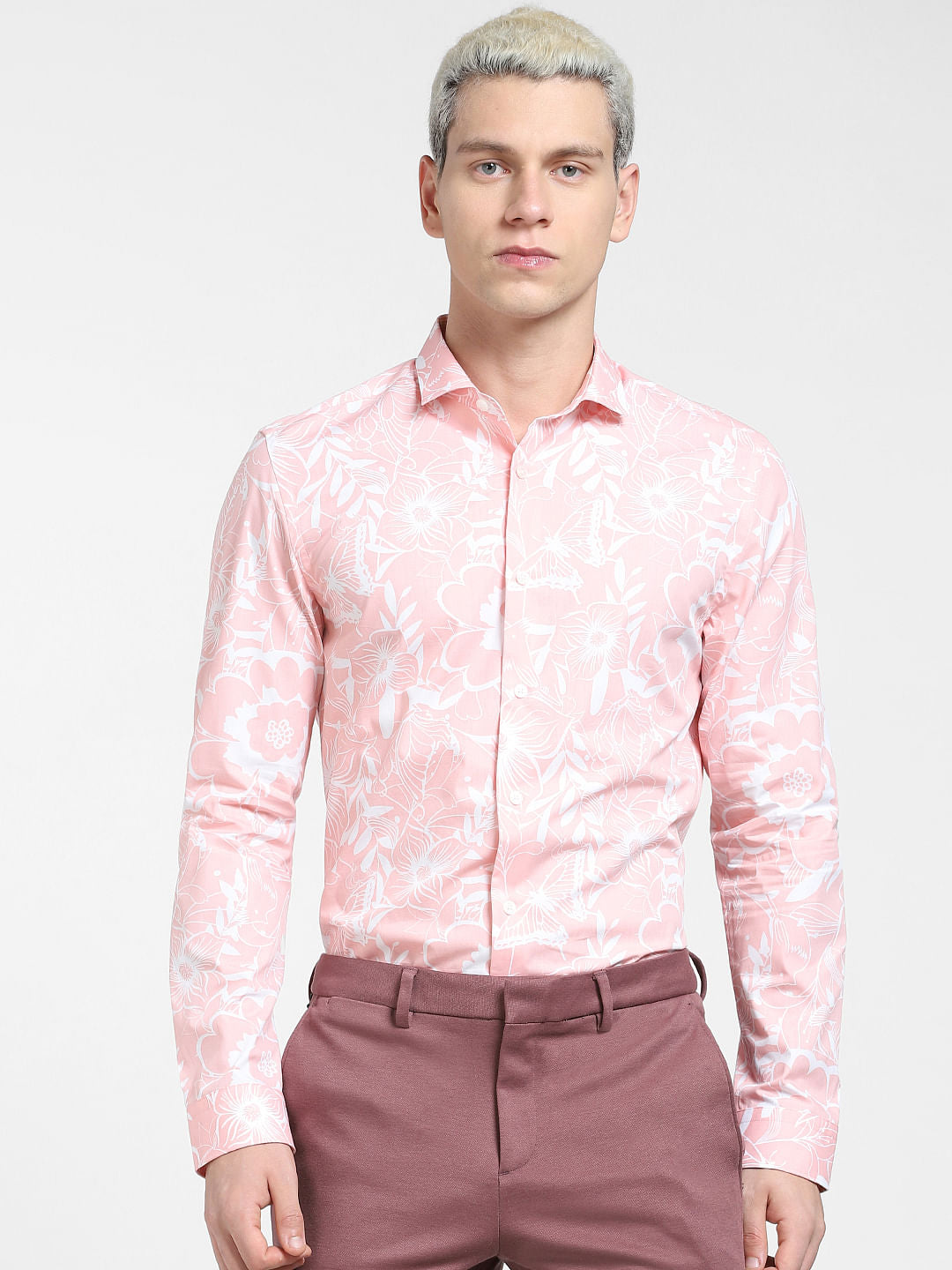 Peach Floral Print Full Sleeves Shirt