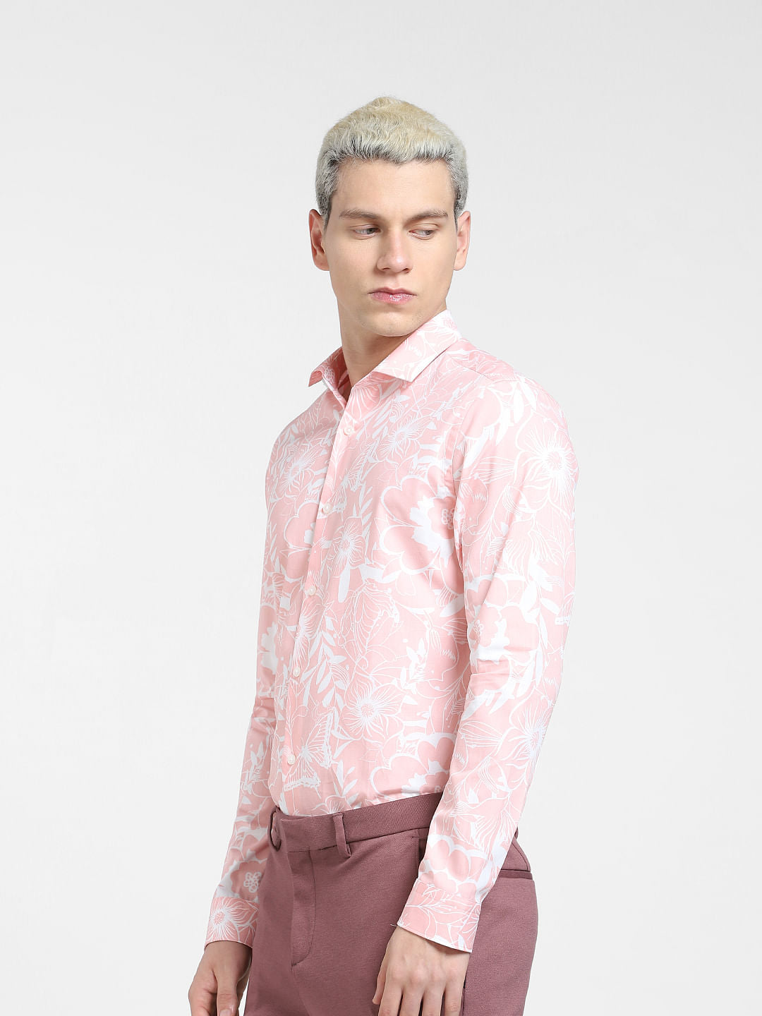 Peach Floral Print Full Sleeves Shirt